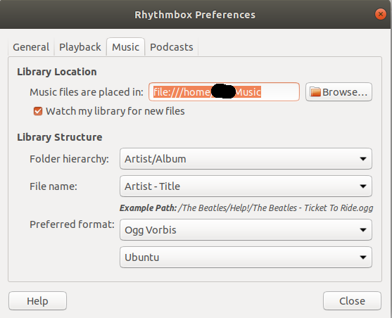 If Rhythmbox is missing new music files first uncheck the this check box